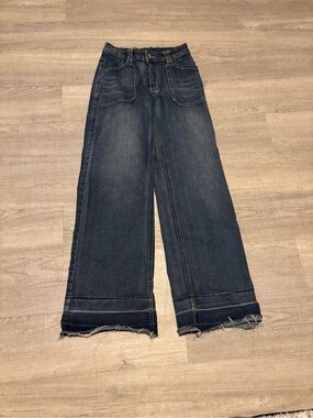 Wide Leg Jeans Women’s Small Square Pockets Fringe Hem Boho Retro Stretch
